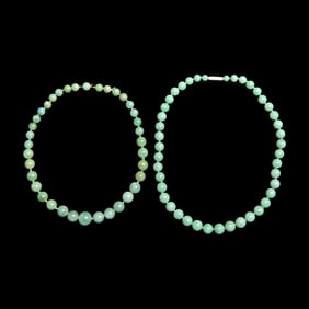 Two Chinese Green Jadeite Necklaces 翡翠珠鏈两条
