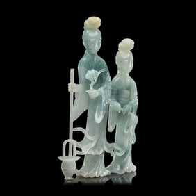 A Chinese Green Jadeite Carving of Two Female Immortals, 20th Century 近代 翡Ň