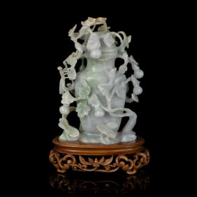 A Chinese Carved Openwork Jadeite Vase and Cover, Qing Dynasty 清 鏤雕翡 