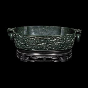 A Chinese Spinach Jade Marriage Bowl, Late Qing/Republic Period 晚清/民國 &#