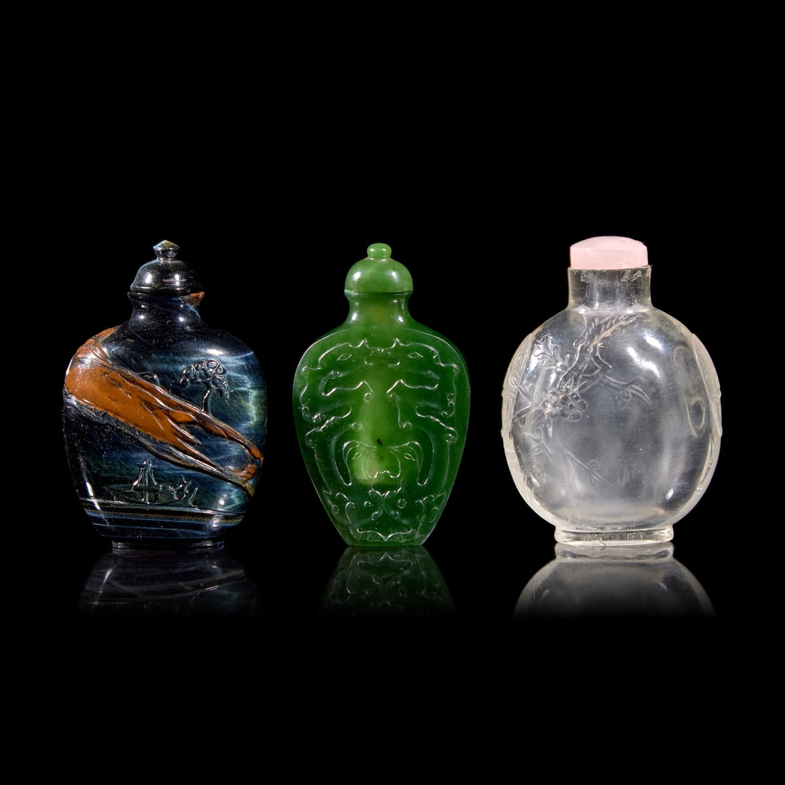 Three Chinese Carved Hardstone Snuff Bottles 粉晶、碧玉、貓