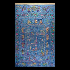 A Massive Chinese Blue Ground Embroidered Silk 'Immortals' Wall Panel, Late 19th/Early 20th Century
