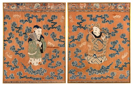 A Pair of Large Chinese Orchre Ground Embroidered Silk 'Immortal' Panels, 18th-19th Century 清