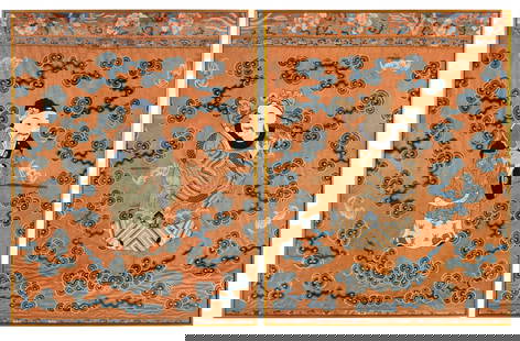 A Pair of Large Chinese Orchre Ground Embroidered Silk 'Immortal' Panels, 18th-19th Century 清: A Pair of Large Chinese Orchre Ground Embroidered Silk 'Immortal' Panels, 18th-19th Century 清中期 杏子地福壽圖大褂屏一