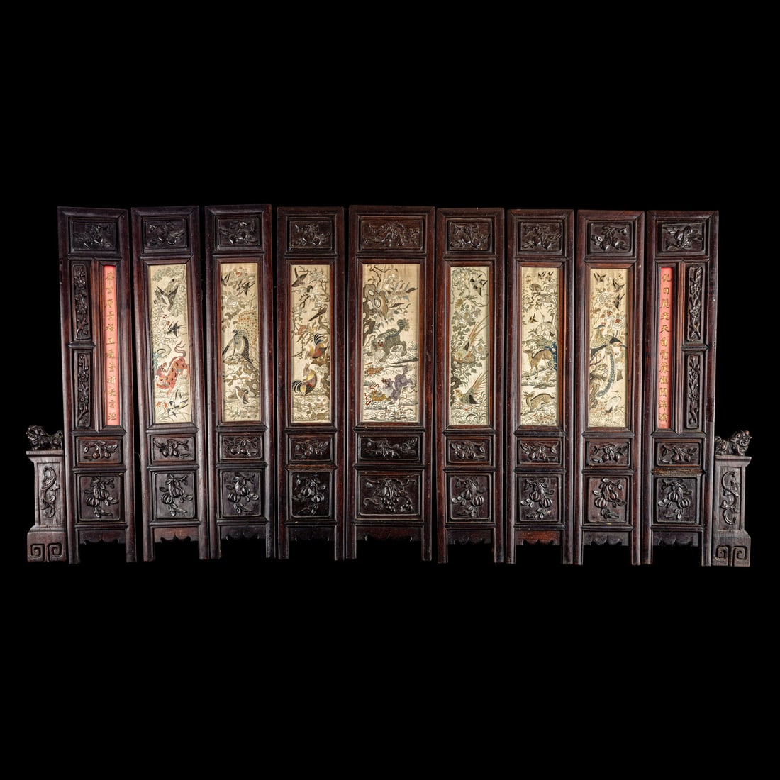 A Chinese Embroidered Silk Inset Wood Nine-Panel Floor Screen, Late Qing Dynasty 清晚 (1 of 3)