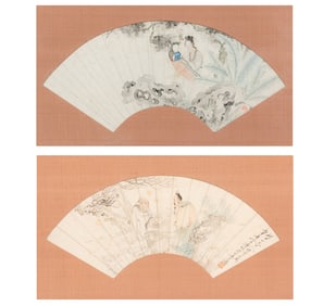 Two Chinese Folding Fan Leaves, 19th Century 清晚期 扇面兩७