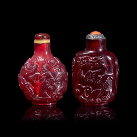 Two Chinese Carved Ruby Glass Snuff Bottles 寶石紅料鼻煙壺