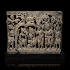 A Gandharan Grey Schist Relief Depicting Buddha Visiting Kashyapa, 2nd/3rd Century