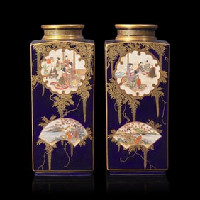 A Pair of Japanese Satsuma Vases, Signed Kizan, Meiji Period 本明治時代