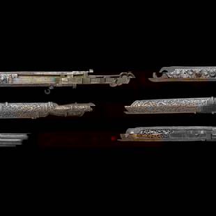 Three Tibetan Short Blades 藏刀一組三把: Three Tibetan Short Blades 藏刀一組三把 Consists of two larger blades and a smaller dagger, all with associated scabbards. Length of largest 20 1/2 in., 52 cm. Prop