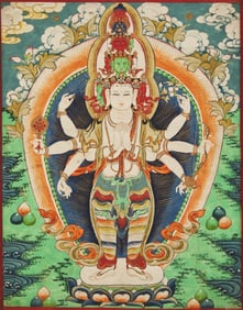 A Small Mongolian Thangka, Burhany Zurag, depicting Ekadasamuka Avalokitesvara