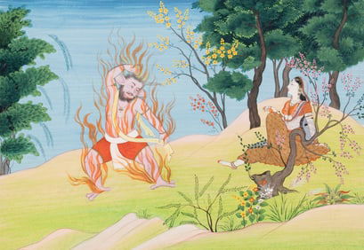 An Illustration of the Vishnu Purana: Bhasmasura in Fire in Front of Mohini