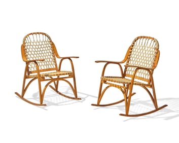 A Pair of Lacquered Fruitwood and Rawhide 'Snowshoe' Rocking Chairs