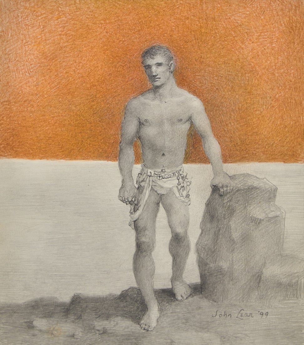 John B. Lear (American, 1910-2008) Standing Male Nude, 1999: John B. Lear (American, 1910-2008) Standing Male Nude, 1999 pencil and crayon on paper signed John Lear and dated (lower right) 11 1/2 x 10 1/4 in. (29.2 x 26cm) The Collection of Sidney Rothberg, Phi
