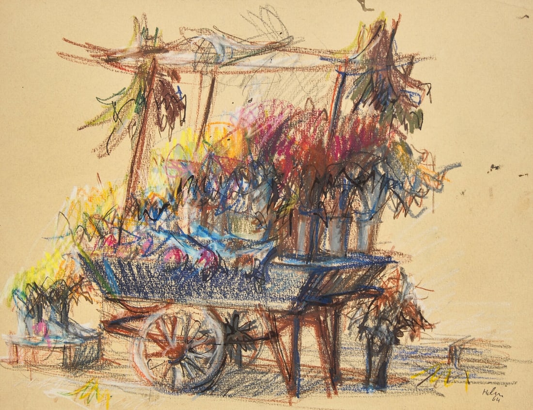 Jean Hélion (French, 1904-1987) Voiture de Fleurs, 1964: Jean Hélion (French, 1904-1987) Voiture de Fleurs, 1964 color crayon on paper signed Hélion and dated (lower right); signed and dated again and titled (verso) 10 x 13 in. (25.4 x 33cm) The C