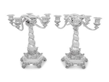 An Impressive Pair of Tiffany and Co. Silver Five-Light Candelabra