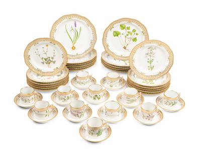 A Royal Copenhagen Flora Danica Porcelain Part Dinner Service: A Royal Copenhagen Flora Danica Porcelain Part Dinner Service 20th Century comprising: 11 dinner plates 12 luncheon plates 12 cups with saucers 47 items total. Diameter of dinner plates 10 1/2 inches.