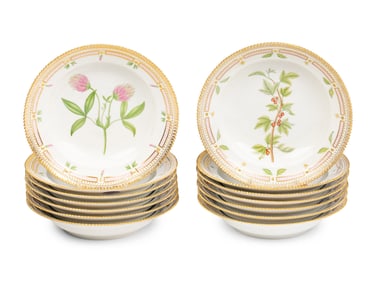 A Set of Fourteen Royal Copenhagen Flora Danica Porcelain Soup Plates