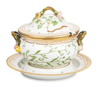 A Royal Copenhagen Flora Danica Porcelain Circular Covered Tureen and Stand