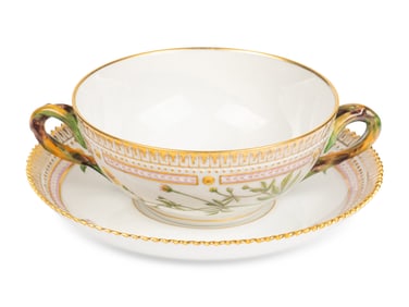 A Set of Twelve Royal Copenhagen Flora Danica Porcelain Bouillon Cups and Stands