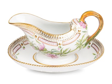 A Royal Copenhagen Flora Danica Porcelain Sauce Boat and Fixed Stand