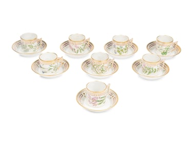 A Set of Eight Royal Copenhagen Flora Danica Porcelain Coffee Cups and Saucers