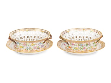 A Pair of Royal Copenhagen Flora Danica Reticulated Porcelain Oval Fruit Baskets and Stands