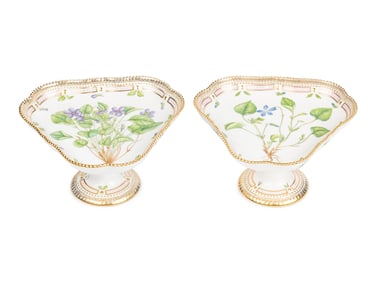 A Pair of Royal Copenhagen Flora Danica Porcelain Triangular Compotes and a Triangular Salad Bowl