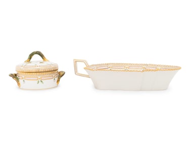 A Royal Copenhagen Flora Danica Porcelain Pickle Dish and Covered Condiment Dish