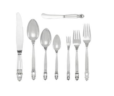 A Georg Jensen Acorn Silver Flatware Service: A Georg Jensen Acorn Silver Flatware Service Designed by Johan Rohde, Circa 1915 comprising: 12 dinner spoons 12 large teaspoons 12 dessert spoons 12 dinner forks 12 square-shoulder salad forks 11 lun