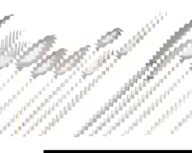 A Georg Jensen Cypress Silver Flatware Service: A Georg Jensen Cypress Silver Flatware Service 20th Century comprising: 12 dinner forks 12 dinner knives (stainless steel blades) 12 tablespoons 12 salad forks 12 butter spreaders (stainless steel bla