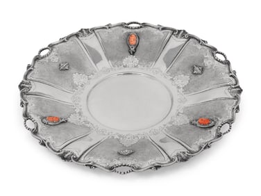 An Italian Silver and Coral-Inset Serving Dish