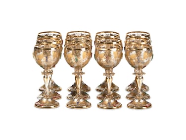A Set of Twelve Bohemian Hand-Decorated Enameled and Gilt Wine Glasses