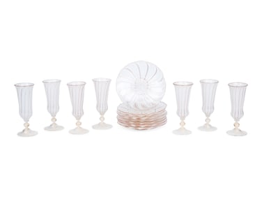 A Set of Murano Glass Champagne Flutes and Dessert Plates