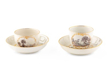 A Near Pair of South Italian Porcelain Teacups and Saucers