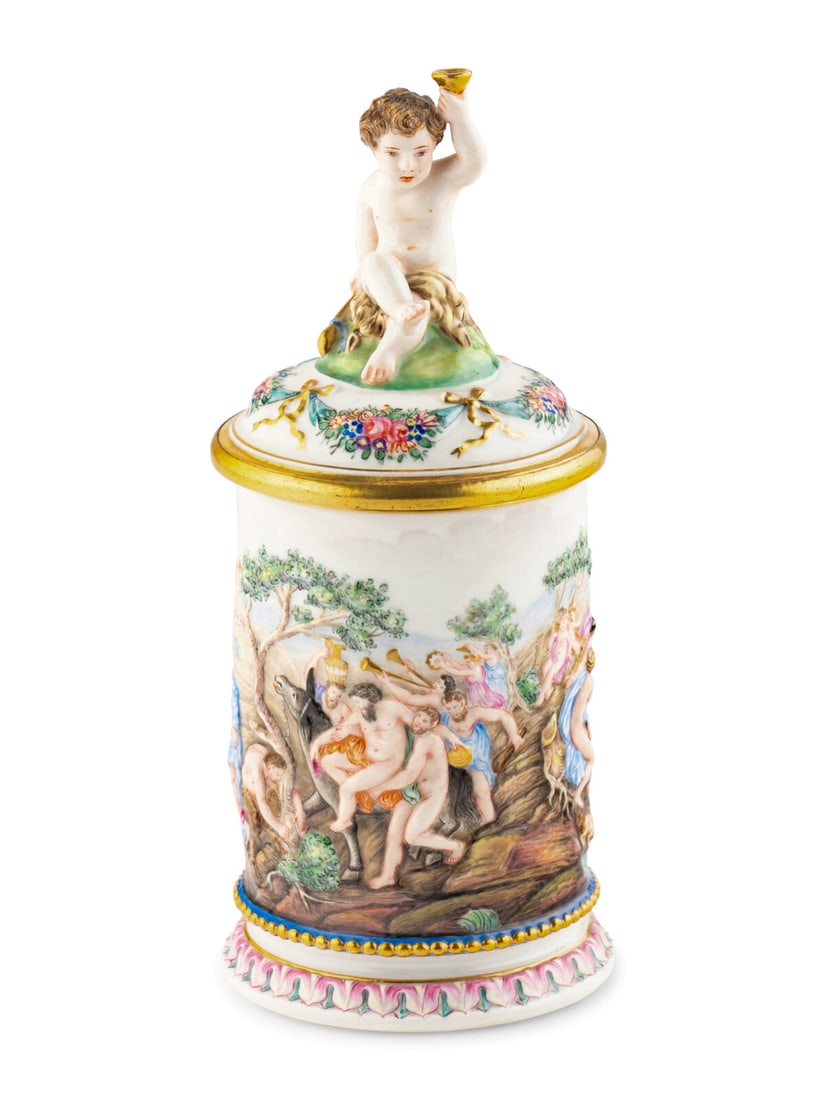 A Capodimonte Style Porcelain Tankard: A Capodimonte Style Porcelain Tankard 19th/20th Century Height 9 1/2 inches. This lot is located in Chicago.