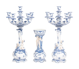 An Assembled Royal Copenhagen Blue Fluted Full Lace Porcelain Table Garniture