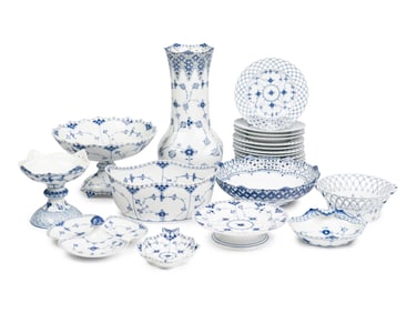 An Assembled Royal Copenhagen Blue Fluted Full Lace Porcelain Partial Dessert Service