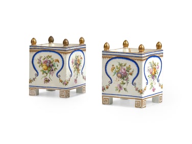 A Pair of English Porcelain Hand-Painted Square Cache Pots