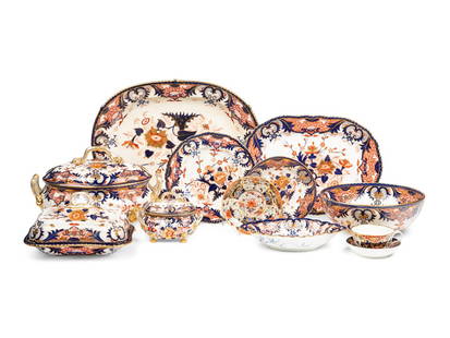 An Assembled Derby King's Pattern Porcelain Dinner Service: An Assembled Derby King's Pattern Porcelain Dinner Service Early 19th Century and later comprising: 15 dinner plates 14 entree bowls 18 dessert plates 16 side plates 17 coffee cups 10 teacups 8 large