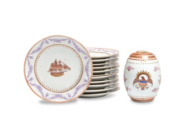 A Group of Twelve Japanese Porcelain "American Ship" Dessert Plates and a Similar Barrel-Form Box