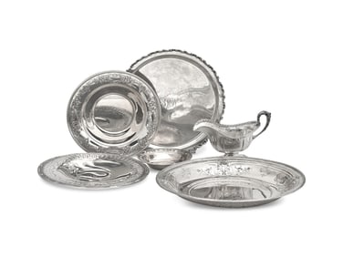 Six American Silver Floral Repoussé Table Articles