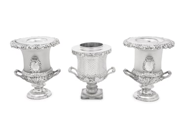 A Pair of English Frosted Glass and Silver-Plate Wine Coolers