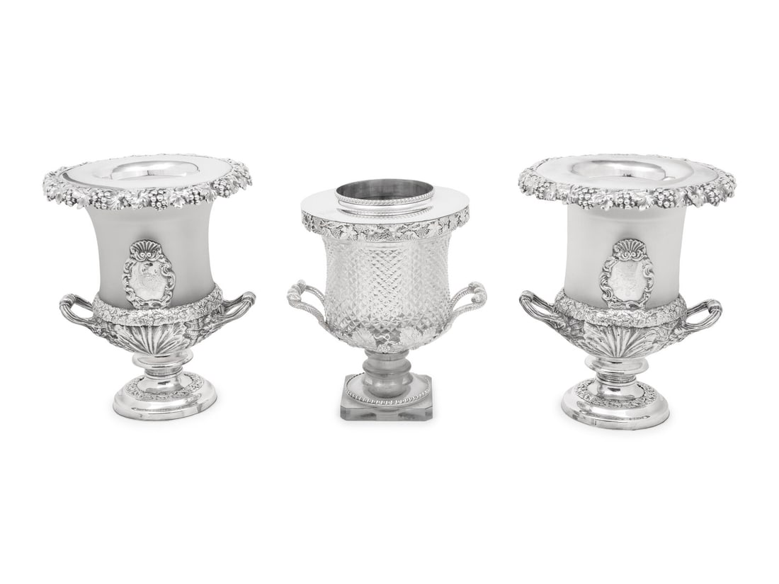 A Pair of English Frosted Glass and Silver-Plate Wine Coolers: A Pair of English Frosted Glass and Silver-Plate Wine Coolers Sheffield, 19th Century together with an associate cut glass and silver plate wine cooler; 3 items total. Height of pair 12 3/4 x diameter