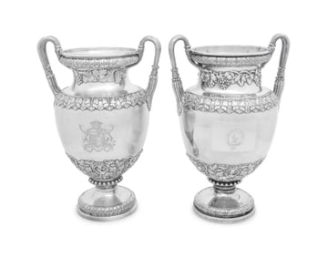 A Matched Pair of English Silver-Plate Urn-Form Wine Coolers