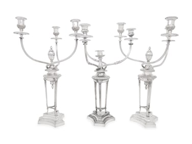 A Set of Three Silver-Plate Three-Light Candelabra