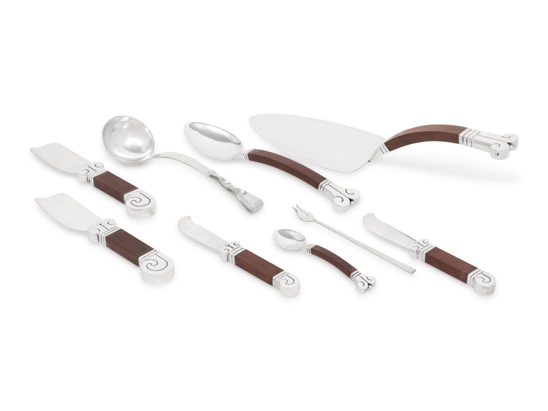 A Collection of Mexican Rosewood Mounted Silver Serving Articles (1 of 3)