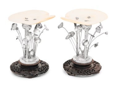 A Pair of Chinese Export Silver and Mother-of-Pearl Table Ornaments