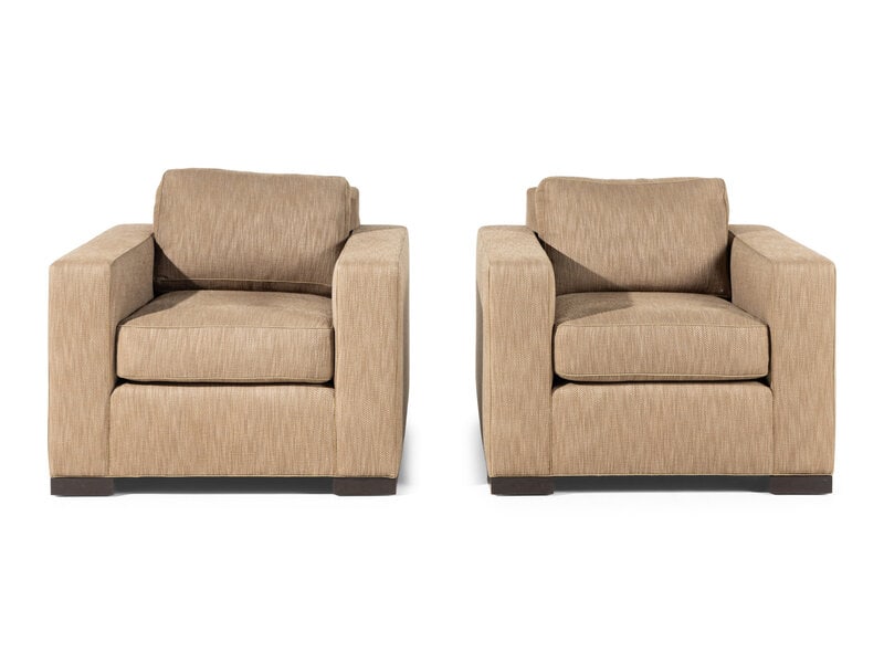 A Pair of Custom Lounge Chairs in the Manner of Jean-Michel Frank: A Pair of Custom Lounge Chairs in the Manner of Jean-Michel Frank with Jim Thompson Great Lakes upholstery. Height 31 1/2 x width 38 x depth 39 1/2 inches. Th
