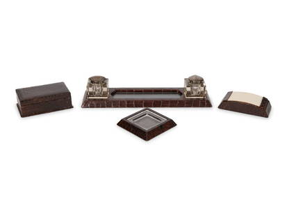 An Alligator Leather Desk Set : An Alligator Leather Desk Set Mark of Fortnum & Mason, London, 20th Century Comprising: a glass-mounted inkstand and two silver metal-mounted glass inkwells a blotter a rectangular box